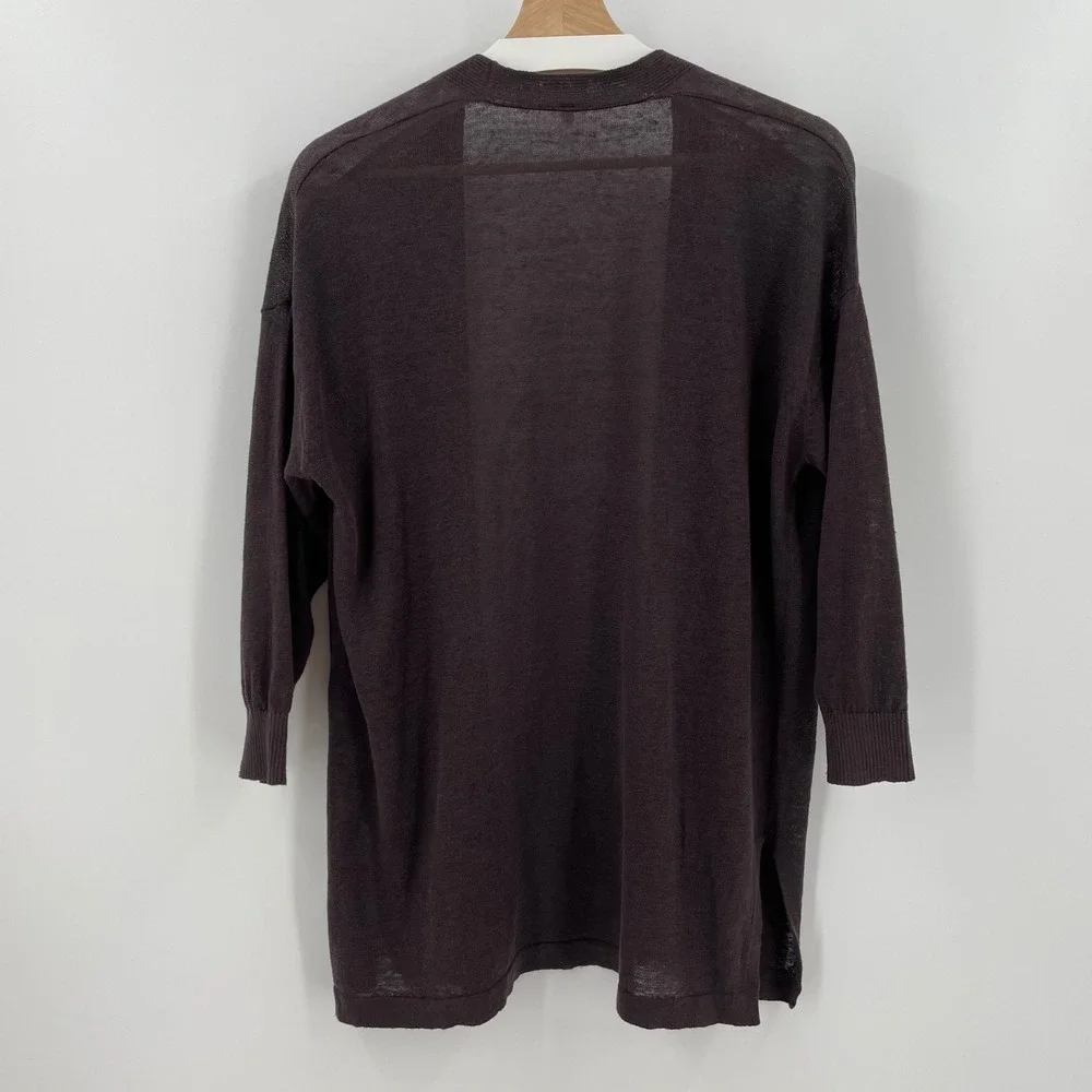 Muji Linen Blend Cardigan Sweater M L Dark Brown Chocolate Open Front Layer Top - Picture 3 of 8